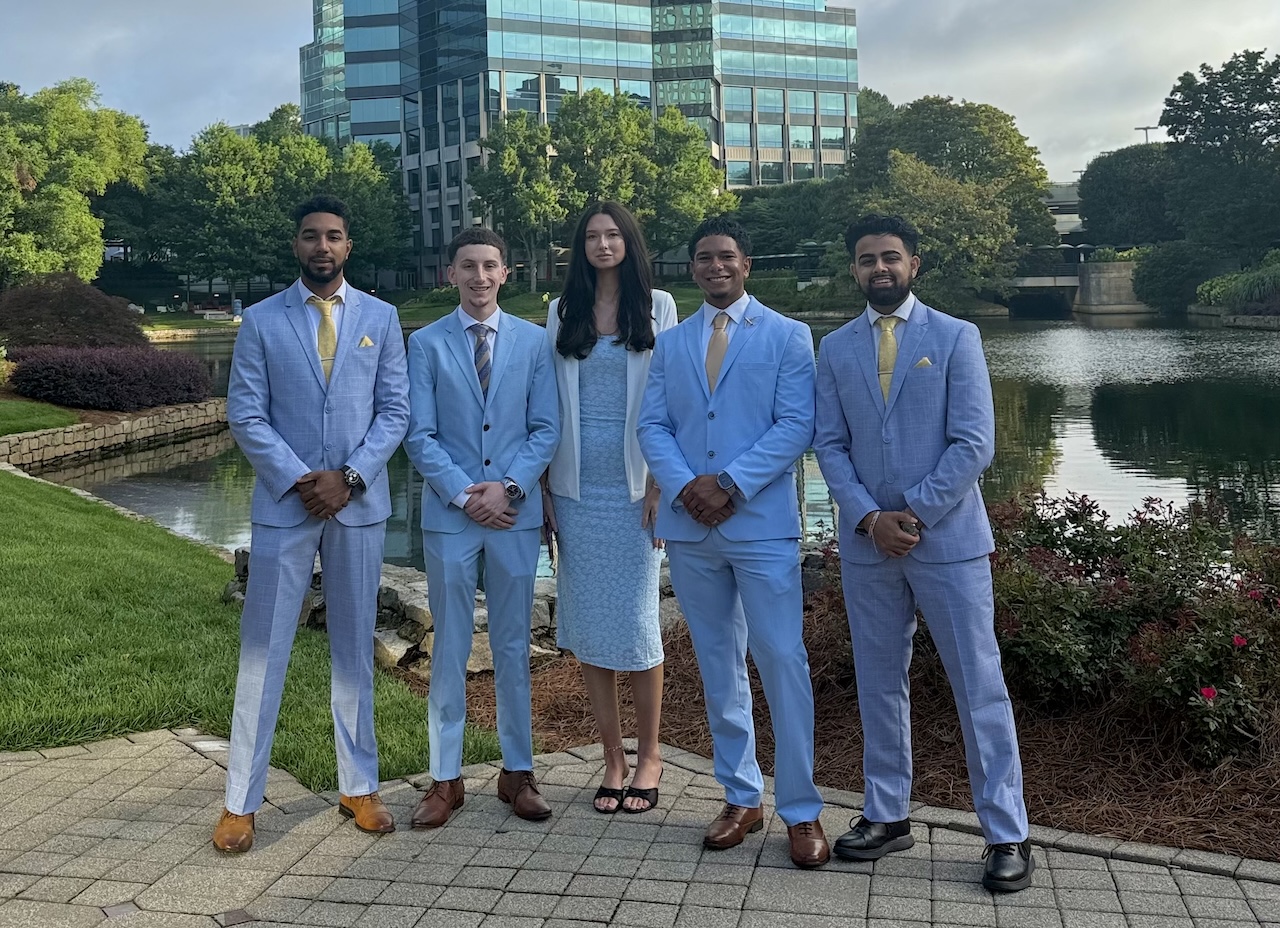 Skyline professionals in blue attire