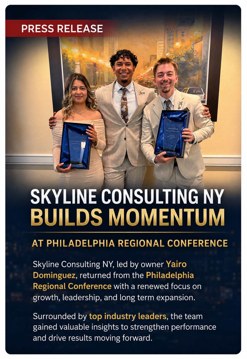 Skyline Consulting press release cover — Yairo Dominguez with Gretchen and Evan holding Director awards at the Philadelphia Regional Conference